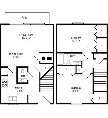 Two Bedroom Townhome - 989 Square Feet